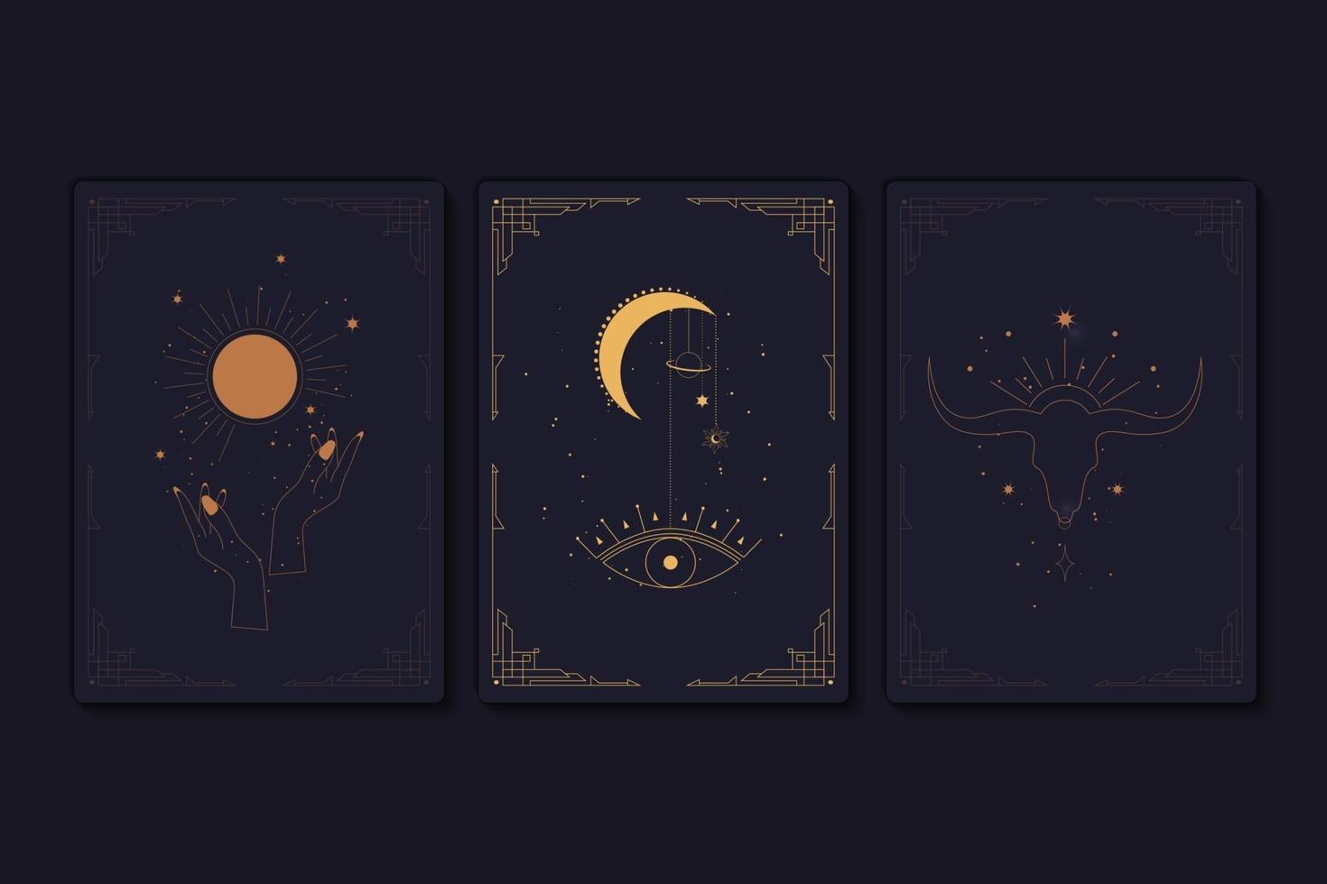 Set of mystical tarot cards. Elements of esoteric, occult, alchemical and witch symbols. Zodiac signs. Cards with esoteric symbols. Silhouette of hands, stars, moon and crystals. Vector illustration