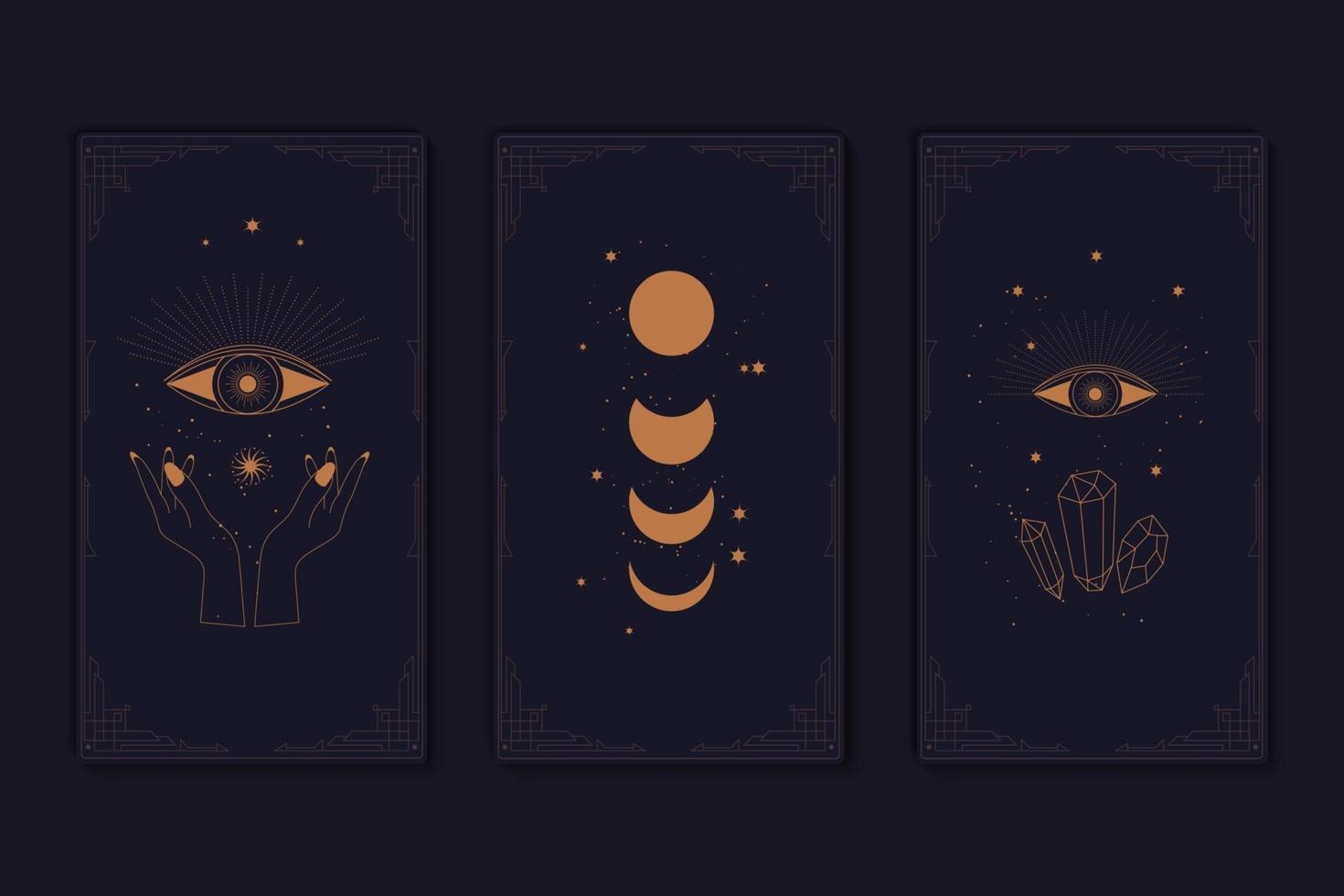 Set of mystical tarot cards. Elements of esoteric, occult, alchemical and witch symbols. Zodiac signs. Cards with esoteric symbols. Silhouette of hands, stars, moon and crystals. Vector illustration