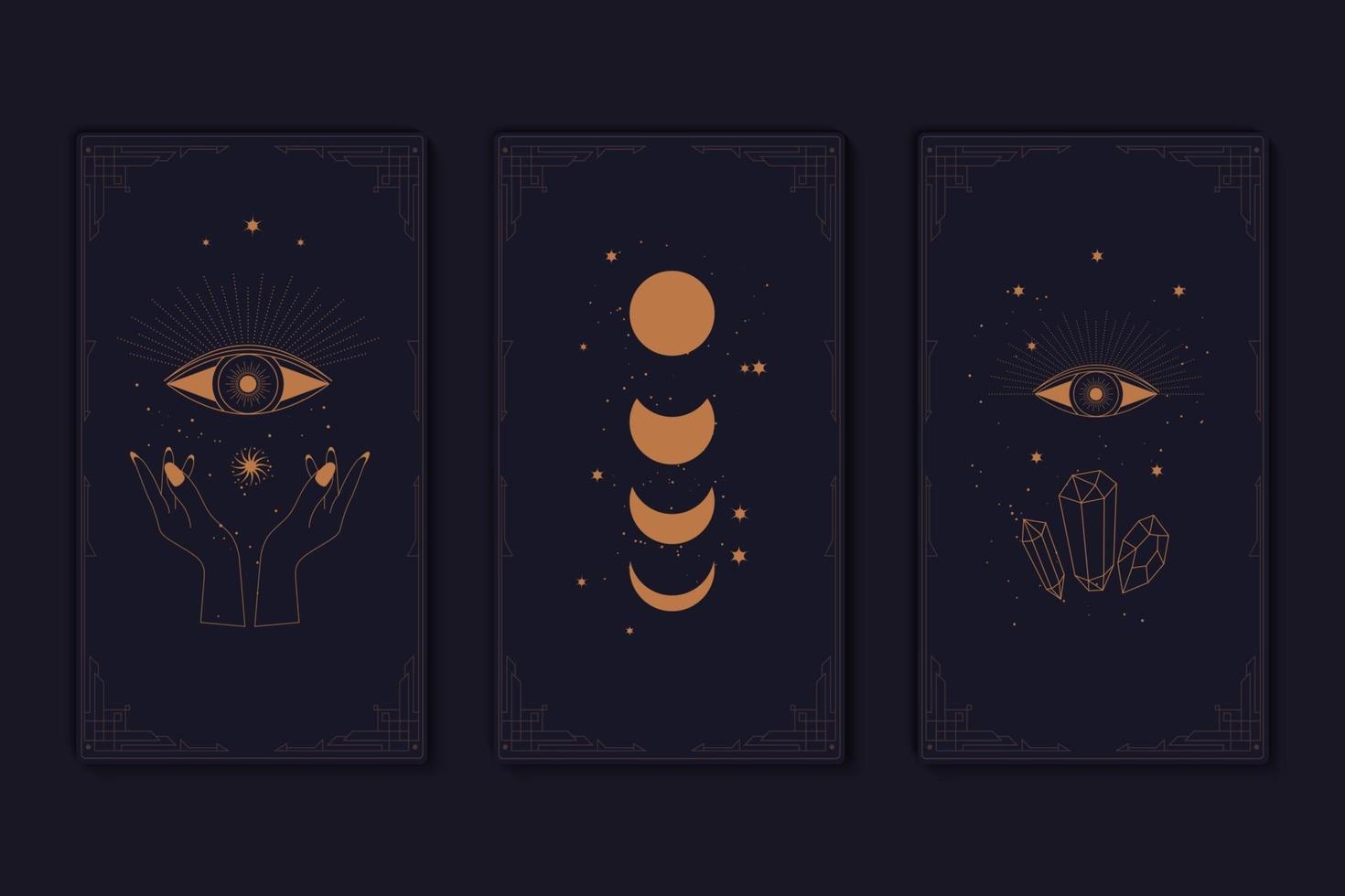 juego de cartas del tarot místico. elementos de símbolos esotéricos, ocultos, alquímicos y de brujas. signos del zodiaco. tarjetas con símbolos esotéricos. silueta de manos, estrellas, luna y cristales. ilustración vectorial vector