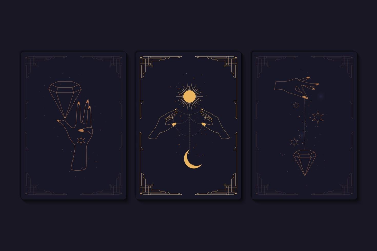 Set of mystical tarot cards. Elements of esoteric, occult, alchemical and witch symbols. Zodiac signs. Cards with esoteric symbols. Silhouette of hands, stars, moon and crystals. Vector illustration