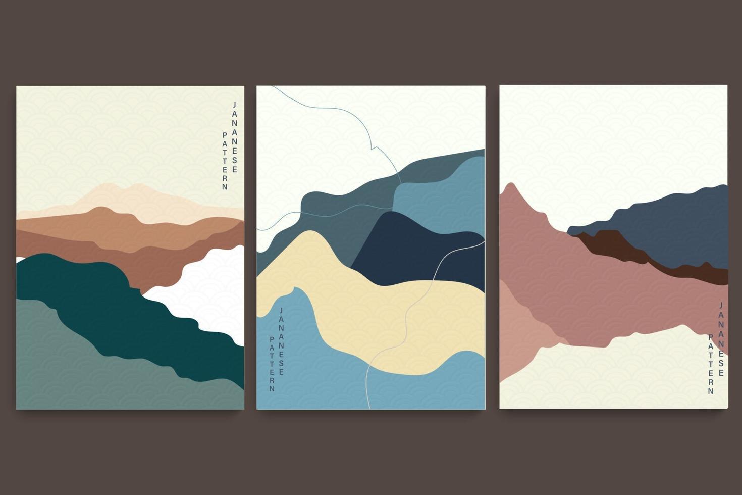 Fondo de paisaje de arte con vector de patrón de onda japonesa. plantilla abstracta con elemento de curva. diseño de diseño de bosque de montaña en estilo vintage.
