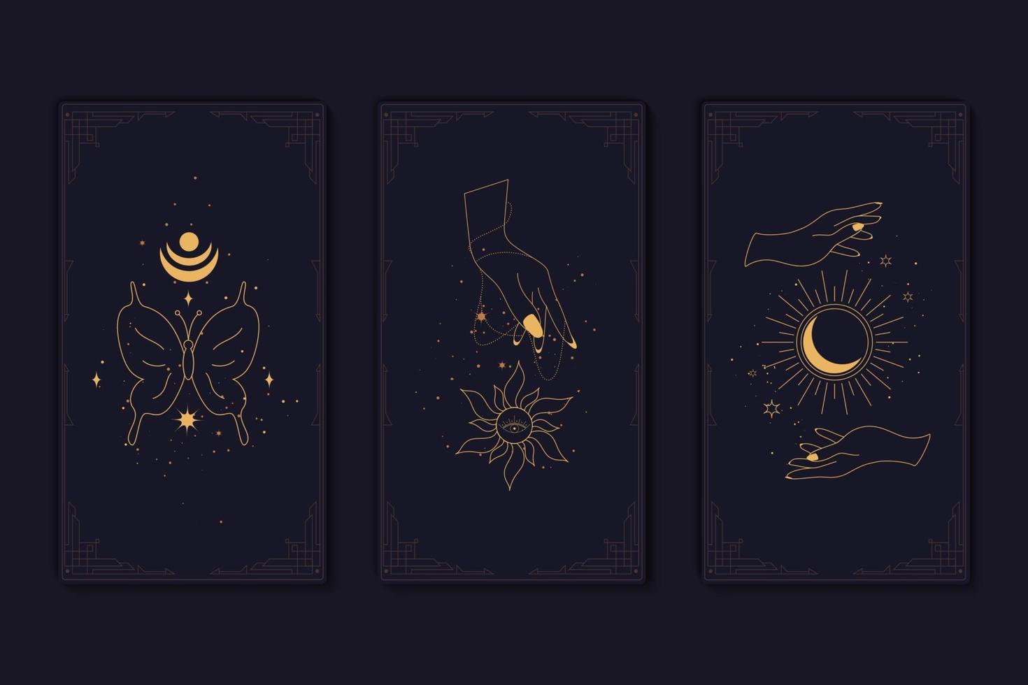 Set of mystical tarot cards. Elements of esoteric, occult, alchemical and witch symbols. Zodiac signs. Cards with esoteric symbols. Silhouette of hands, stars, moon and crystals. Vector illustration