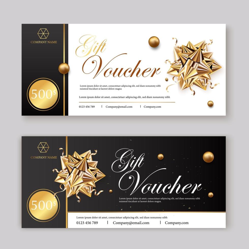 Set of luxury gift vouchers with ribbons and gift box. Elegant template for a festive gift card, coupon and certificate. Discount Coupon Template vector