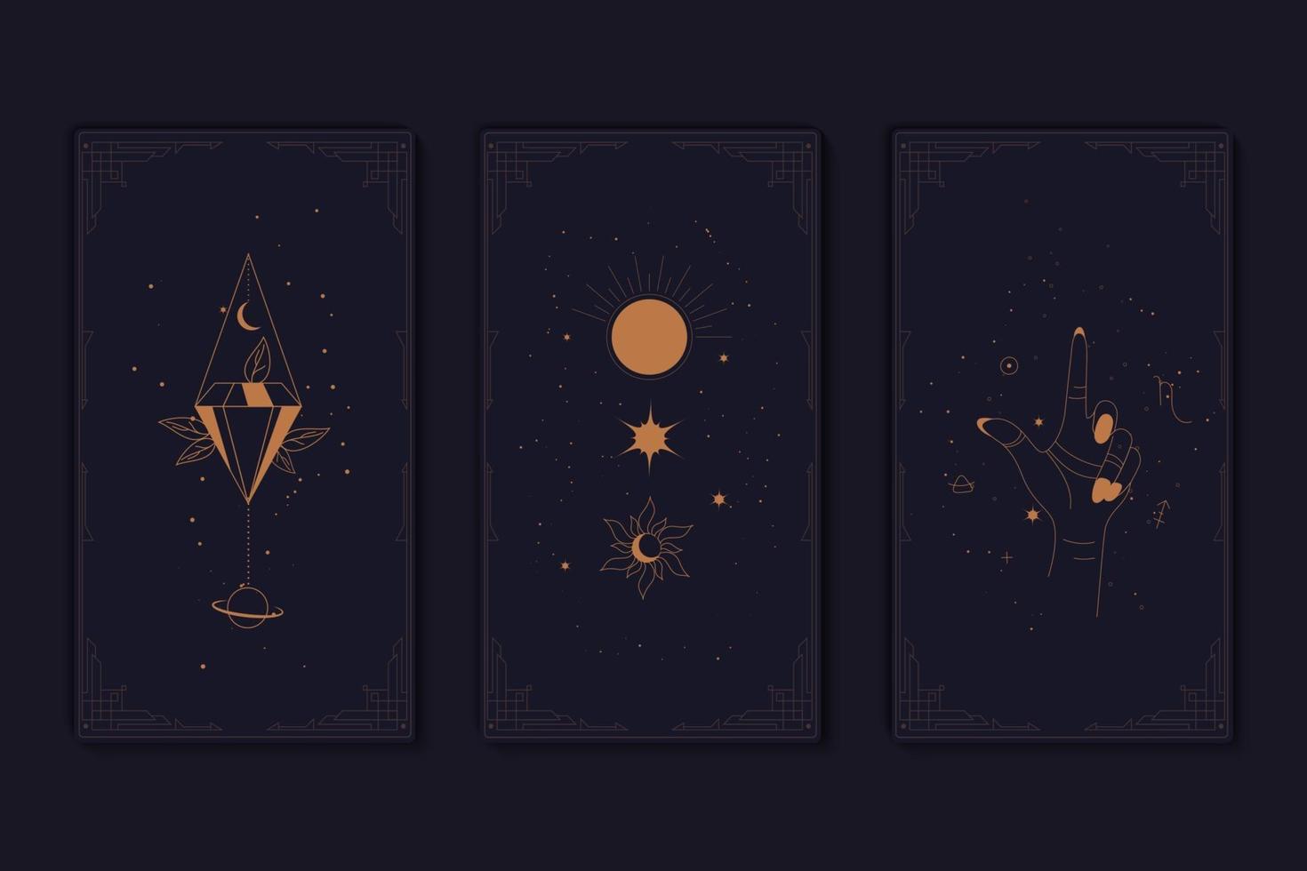 Set of mystical tarot cards. Elements of esoteric, occult, alchemical and witch symbols. Zodiac signs. Cards with esoteric symbols. Silhouette of hands, stars, moon and crystals. Vector illustration