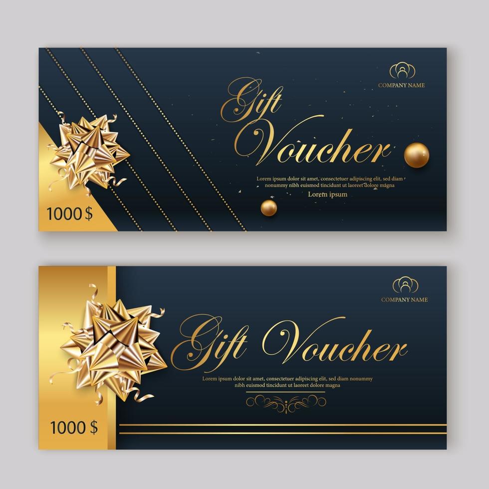 Set of luxury gift vouchers with ribbons and gift box. Elegant template for a festive gift card, coupon and certificate. Discount Coupon Template vector