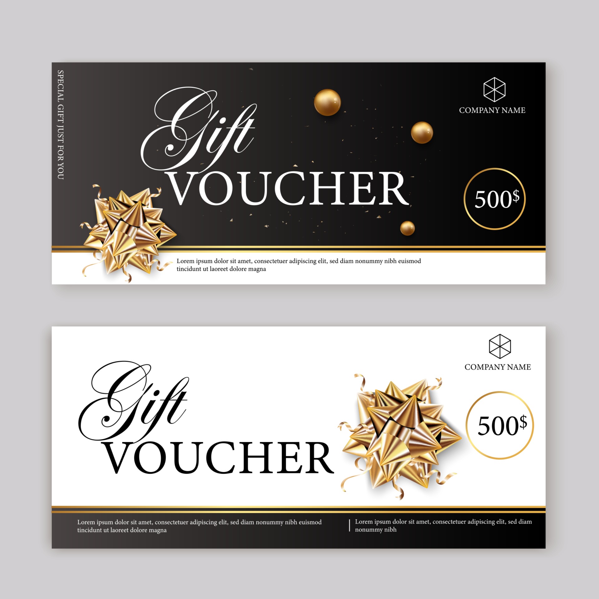 Set of luxury gift vouchers with ribbons and gift box. Elegant template