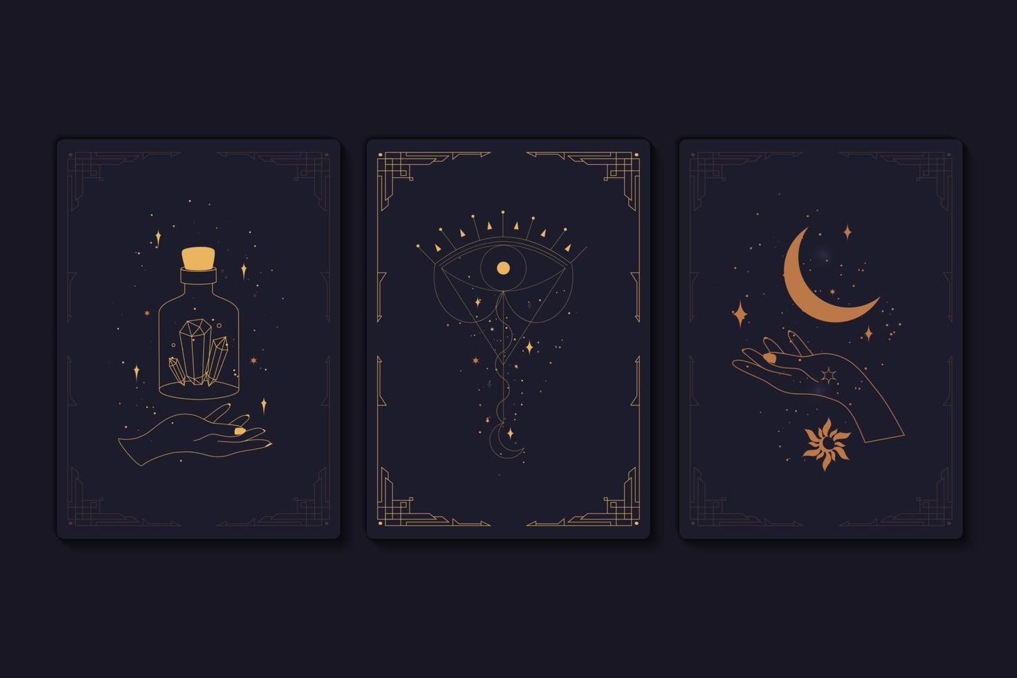 Set of mystical tarot cards. Elements of esoteric, occult, alchemical and witch symbols. Zodiac signs. Cards with esoteric symbols. Silhouette of hands, stars, moon and crystals. Vector illustration