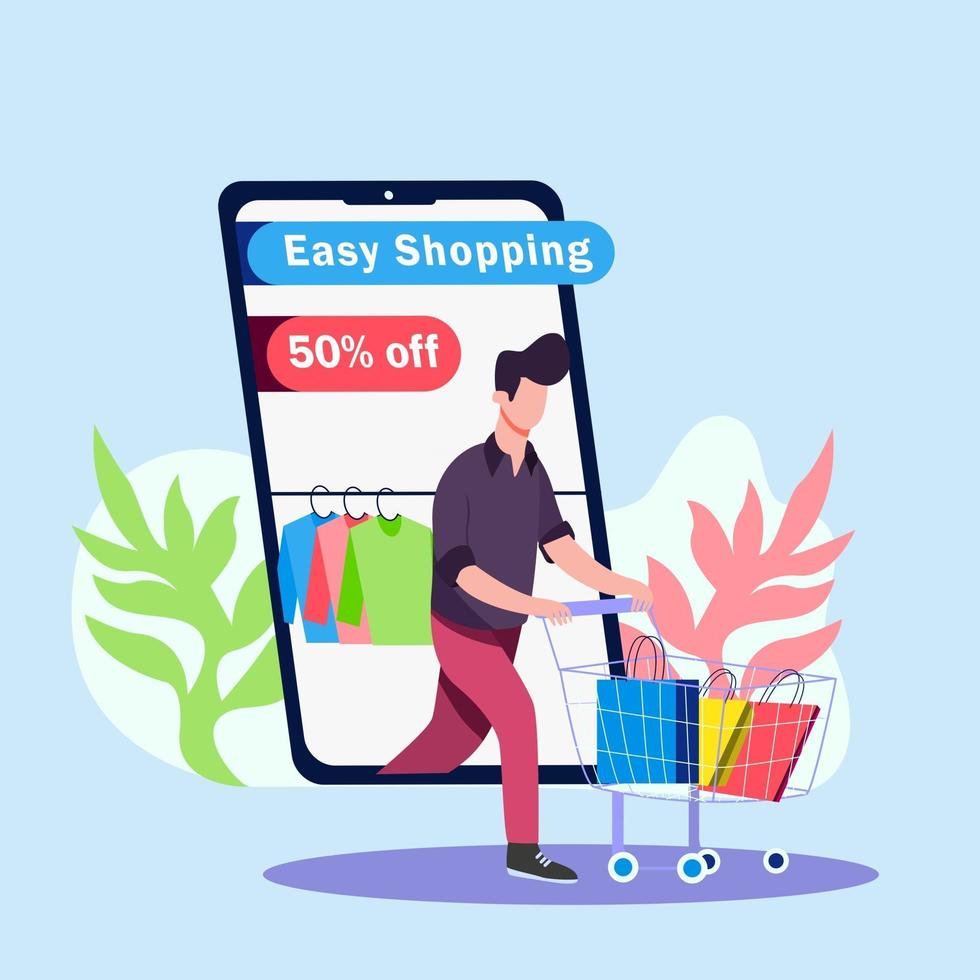 Boy shopping cloths from online illustration concept vector