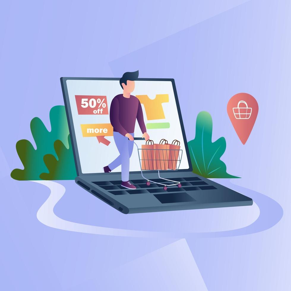 Boy shopping from online shop illustration concept vector