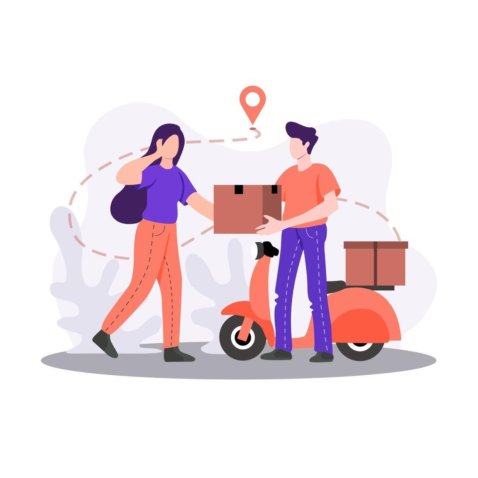 Delivery man hand over delivery to following location concept illustration vector
