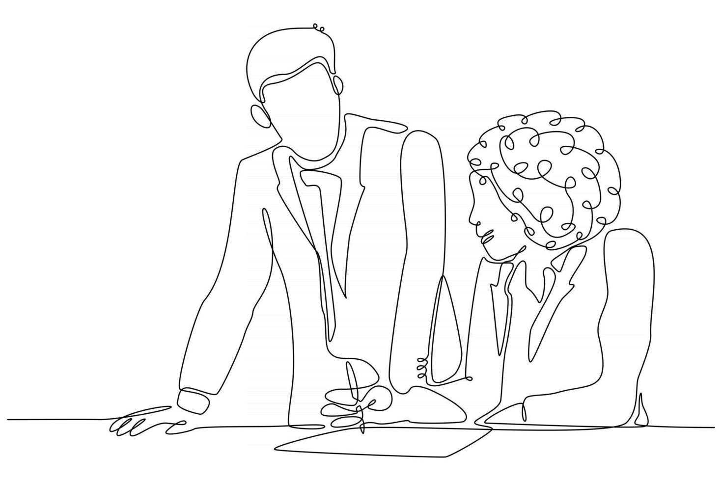 Continuous lines of entrepreneurs and business women discussing work processes vector illustration