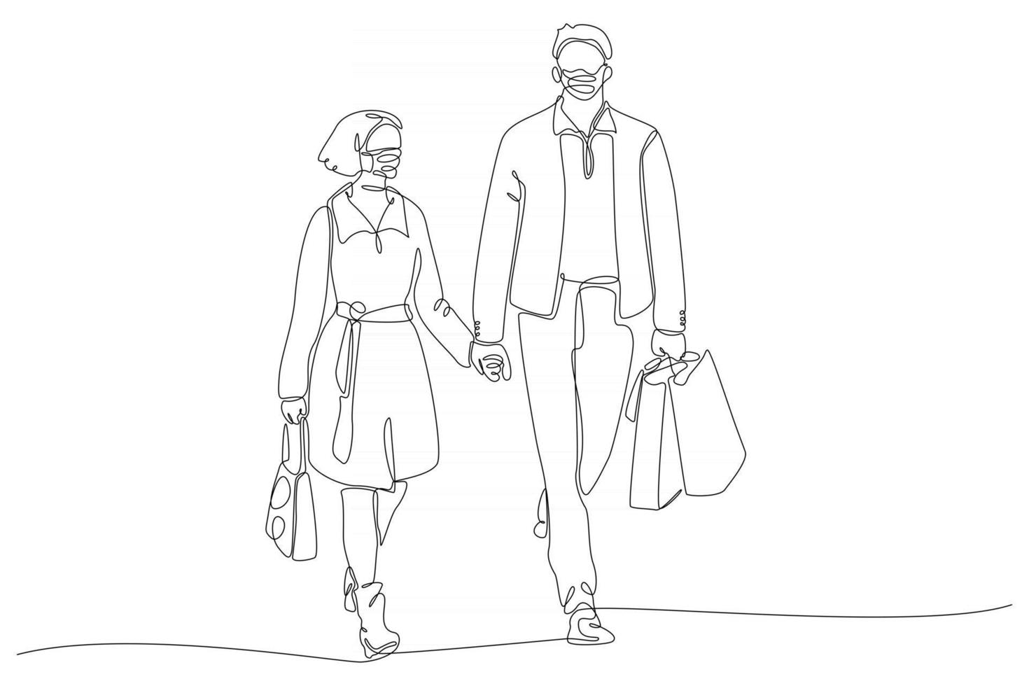 continuous line drawing of man and woman wearing masks, vector illustration
