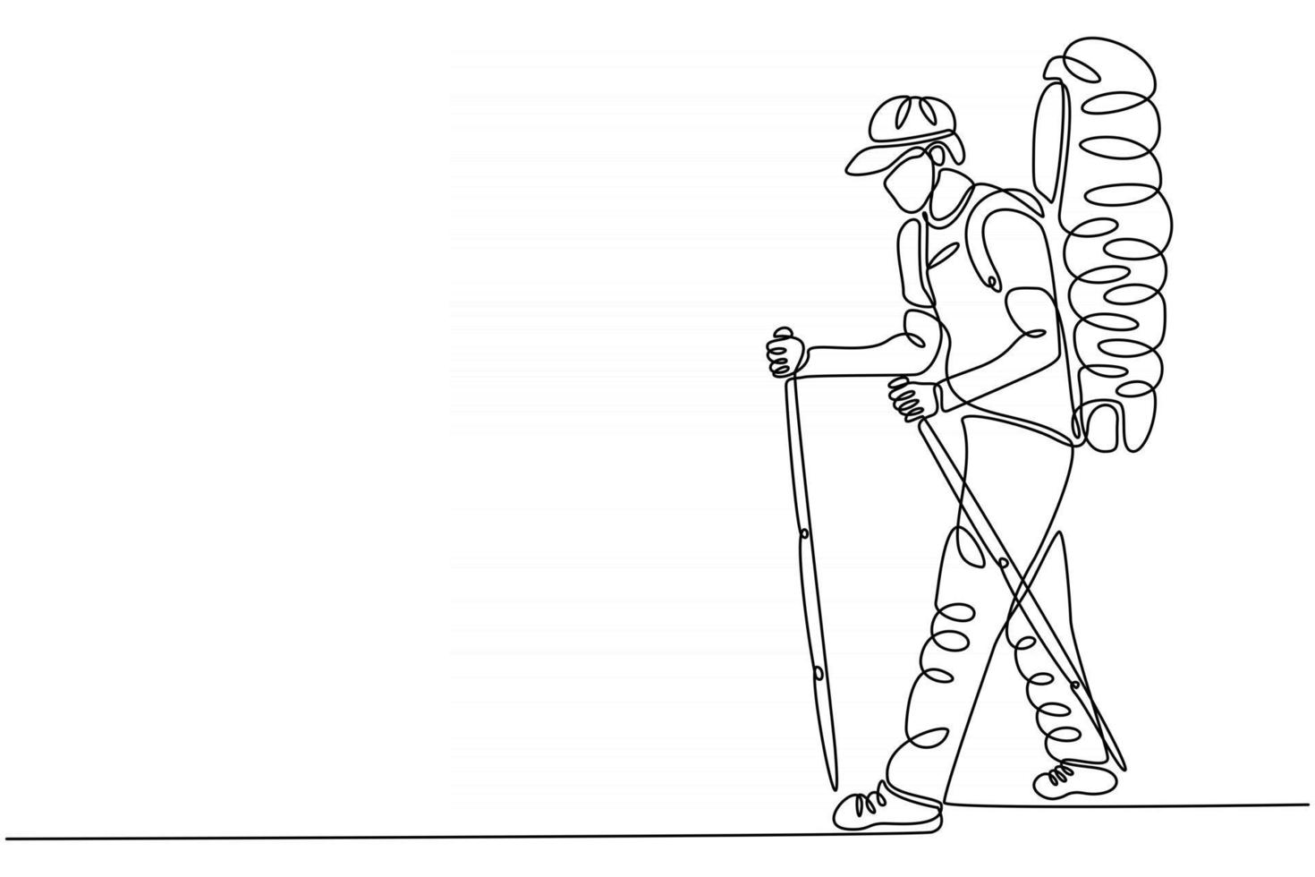 One continuous line drawn of character travel photographer with camera and backpack vector illustration L