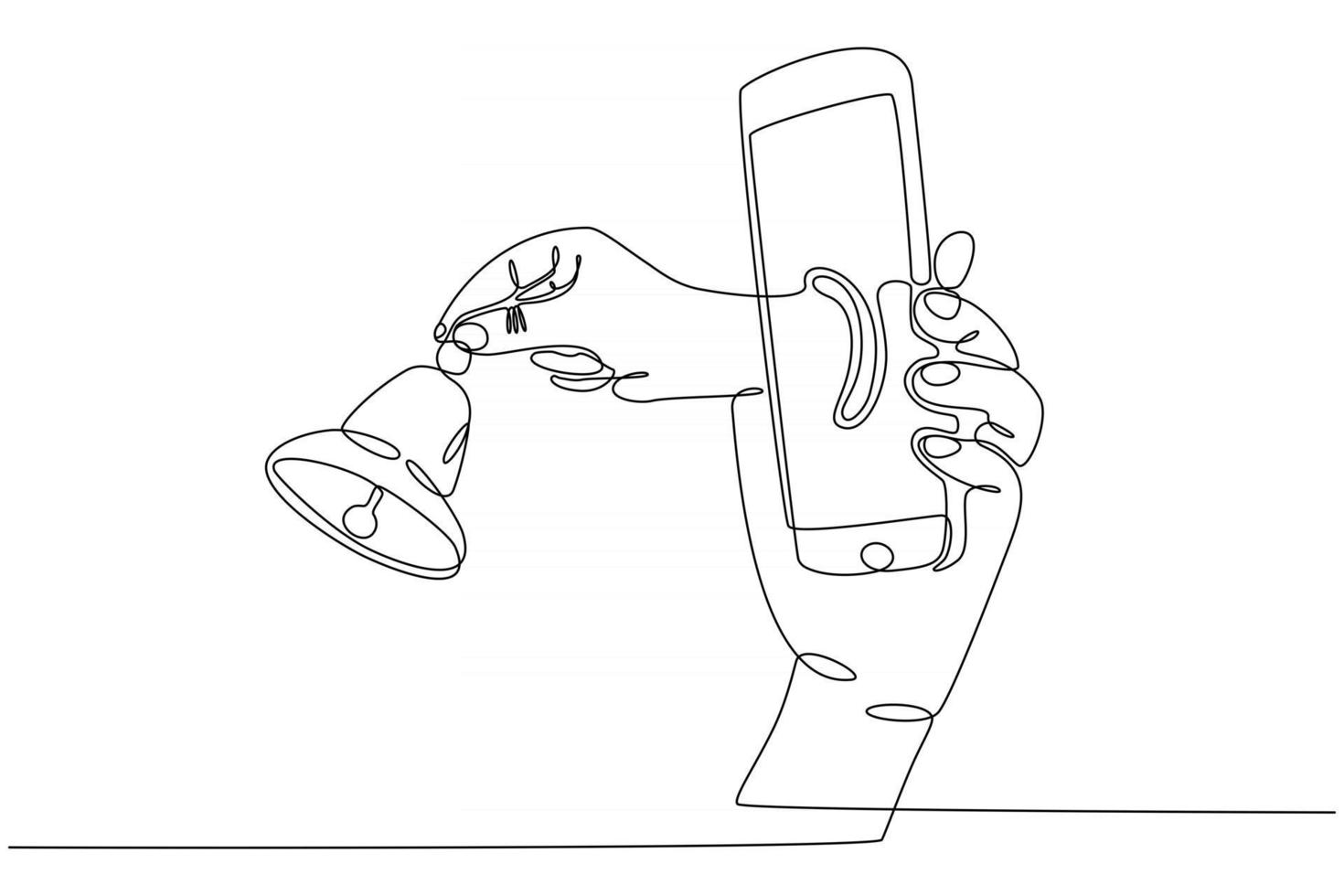 continuous line drawing of a hand holding a smartphone with notification bells, vector illustration