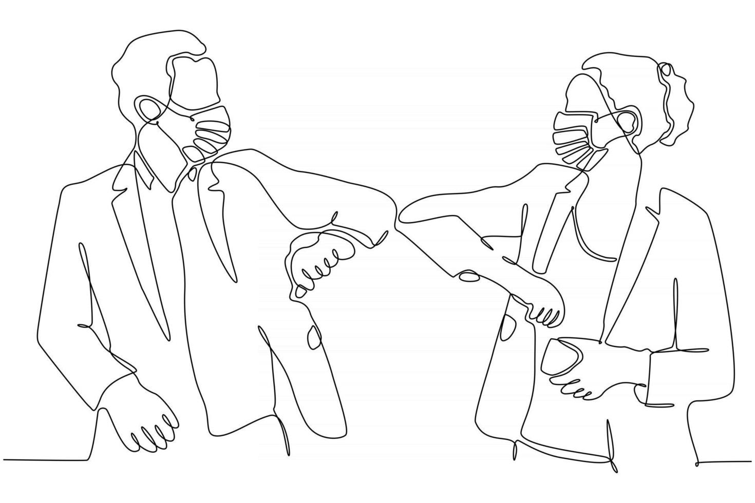 continuous line of people with masks Elbow bumps are a new greeting to avoid the spread of the corona virus. Vector illustration