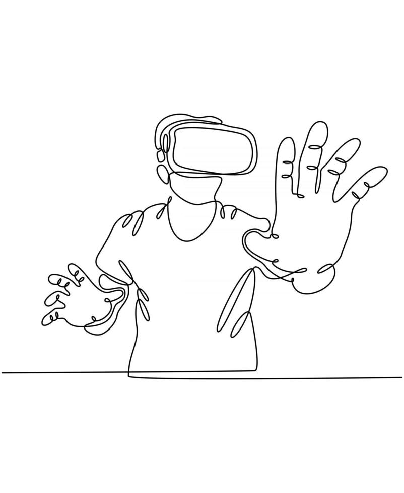 Continuous line drawing of a man playing game wearing vr glasses vector illustration