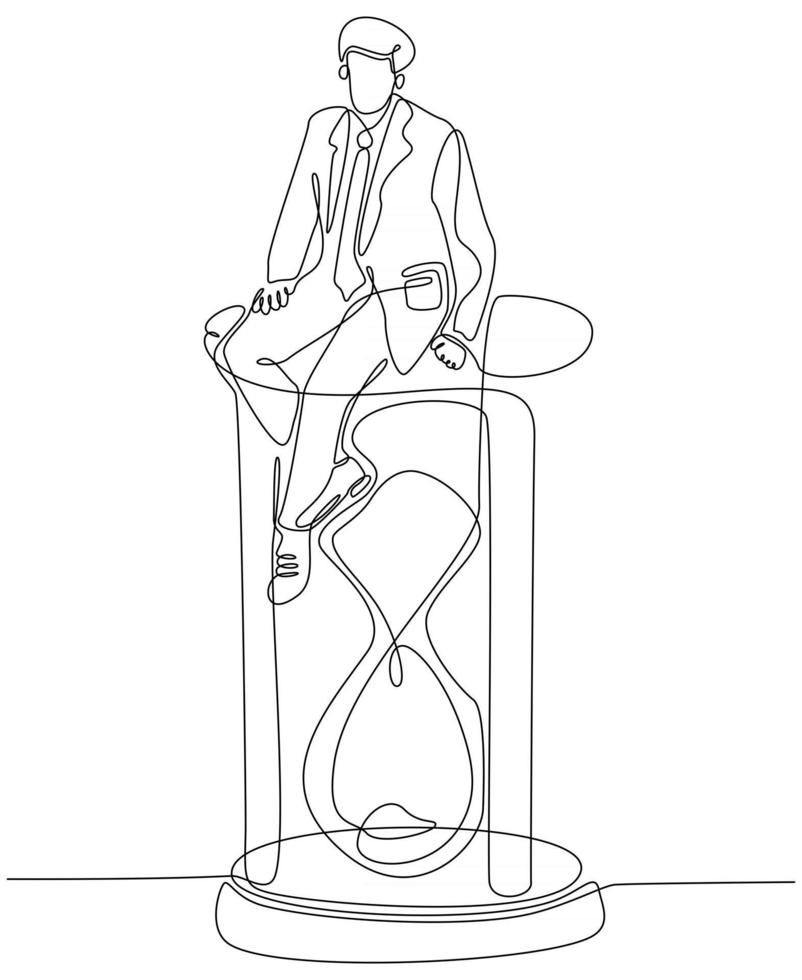 Continuous line drawing of successful businessman dividing time and sitting on an hourglass vector illustration