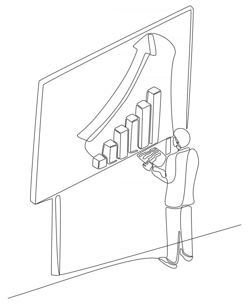 Continuous line drawing of businessperson looking at company target statistics, vector illustration