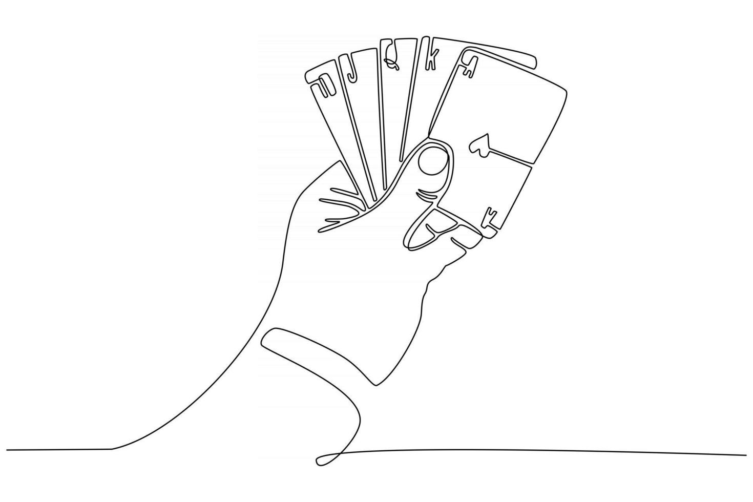 Continuous line of hand holding royal flush poker card vector illustration