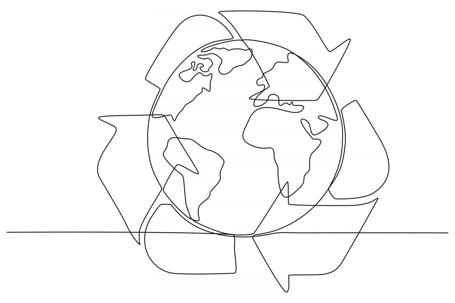 Dibujo de línea continua de la tierra con la ilustración de vector de signo de papelera de reciclaje