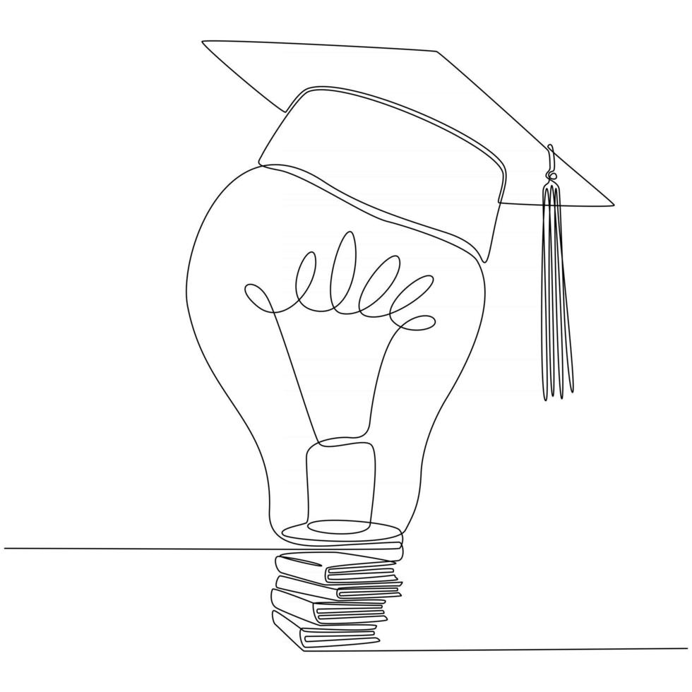 continuous line drawing of books with lightbulbs vector illustration