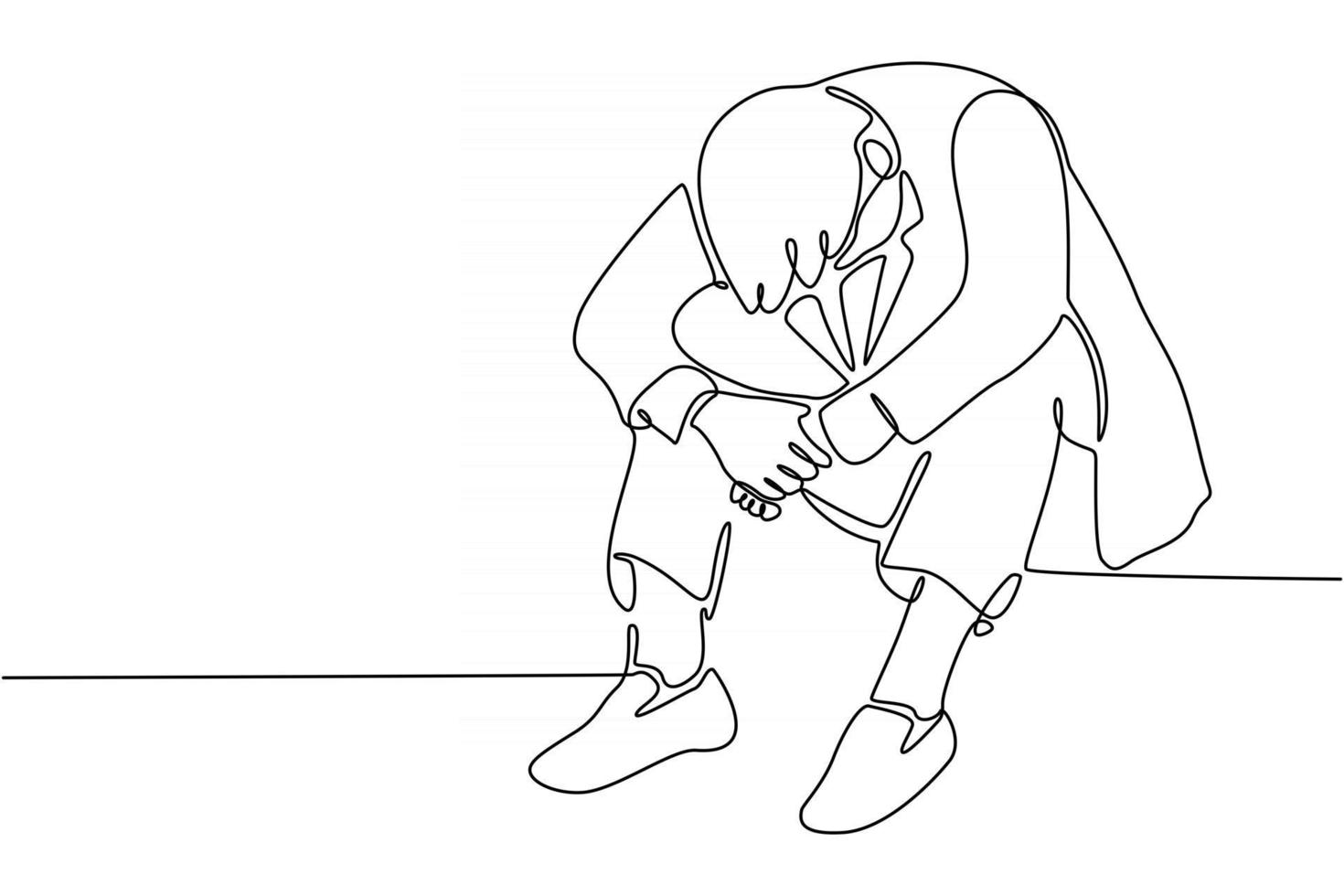 Continuous line of boss sitting looking down dizzy facing solid work vector illustration