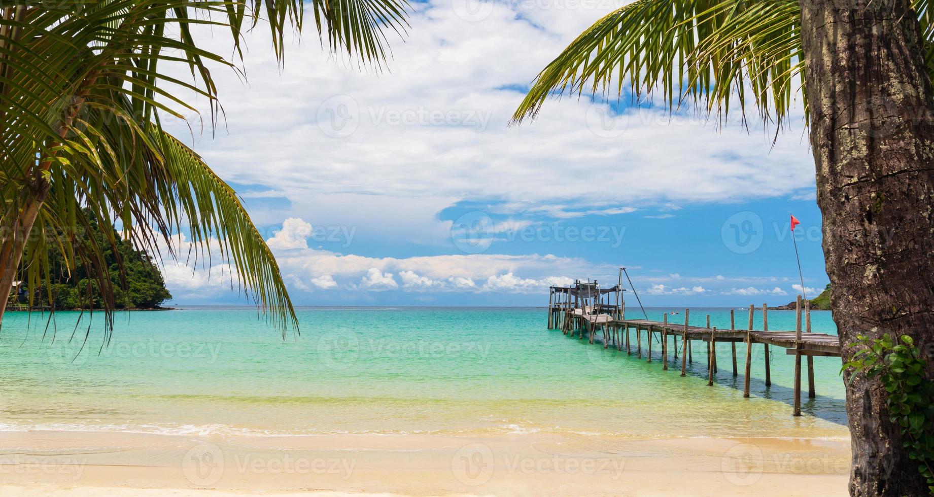 Hermosa playa tropical y mar con palmeras de coco bajo un cielo azul foto