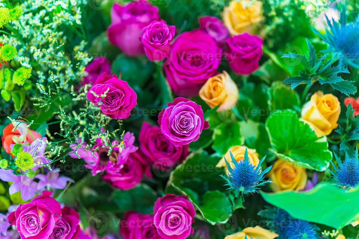 Mixed multi colored roses in floral decor, Colorful wedding flowers background photo