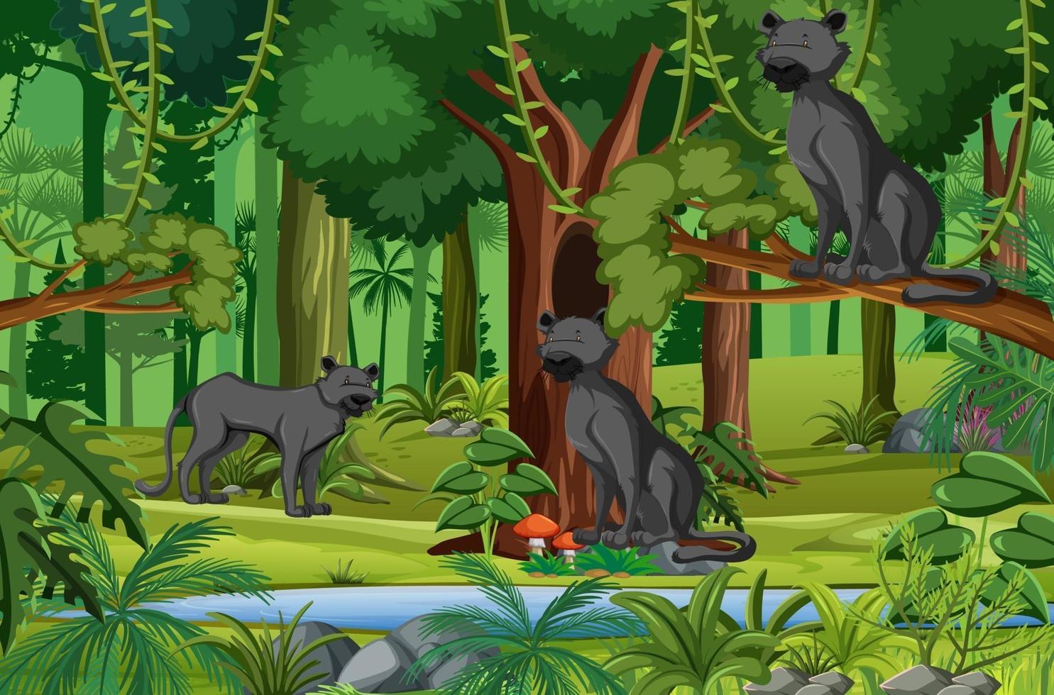 Escena de la selva tropical con la familia de la pantera negra. vector