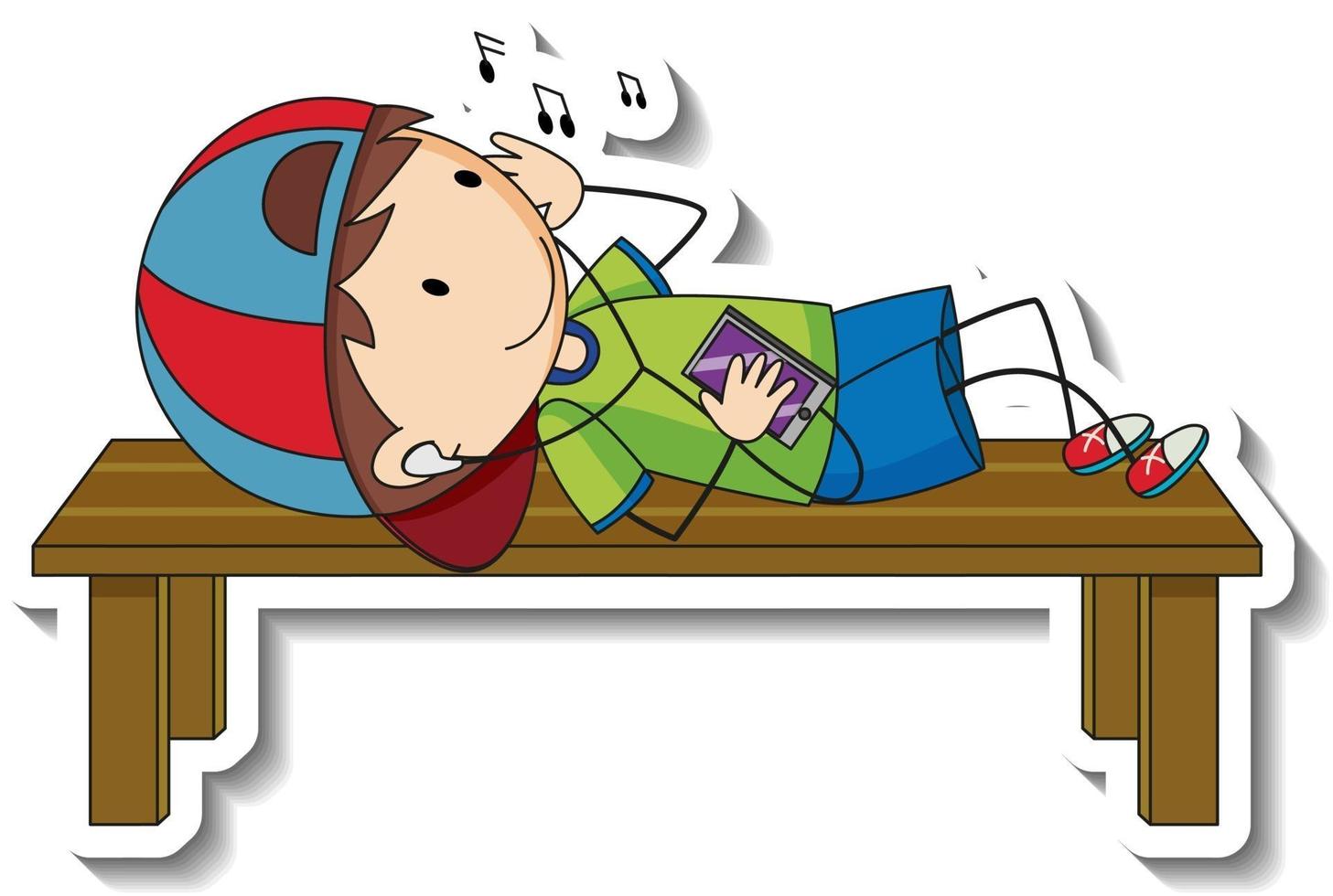 Plantilla de pegatina con un niño feliz escuchando música aislado vector