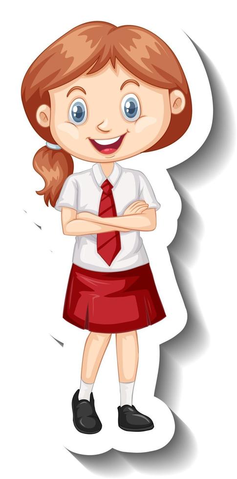 una plantilla de pegatina con una chica estudiante en uniforme escolar vector