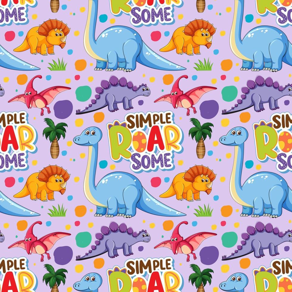 Seamless pattern with cute dinosaurs and font on purple background vector