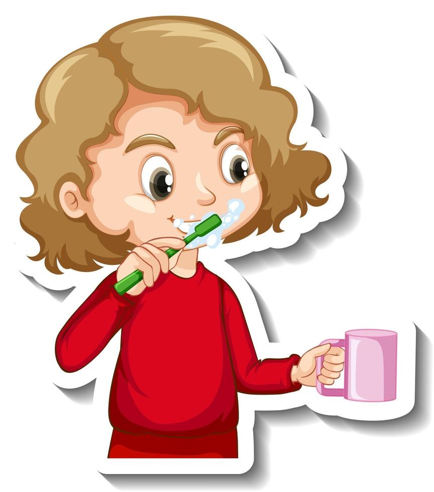 Sticker design with a girl brushing her tooth cartoon character vector