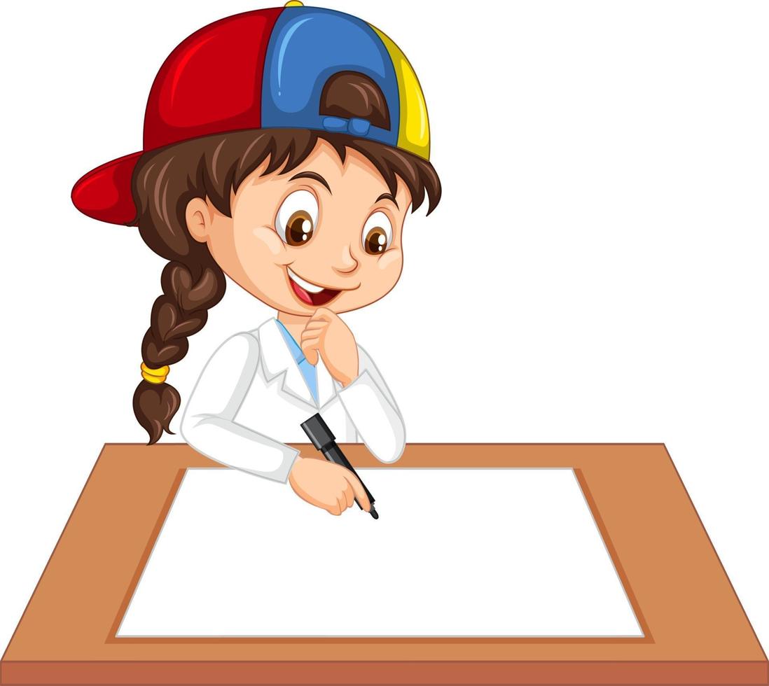 Linda chica vistiendo uniforme científico escribiendo en papel en blanco vector