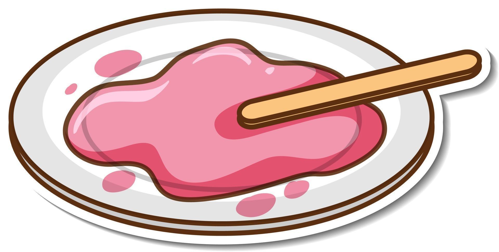 Sticker strawberry ice cream melted on plate vector