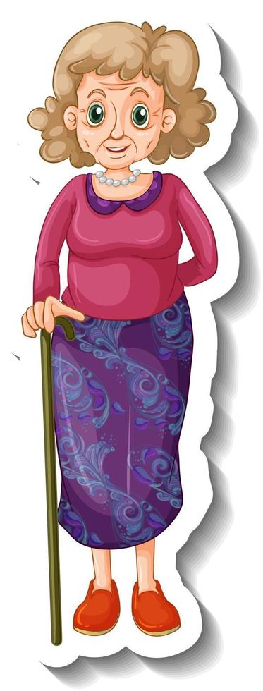A sticker template with an old woman in standing pose vector