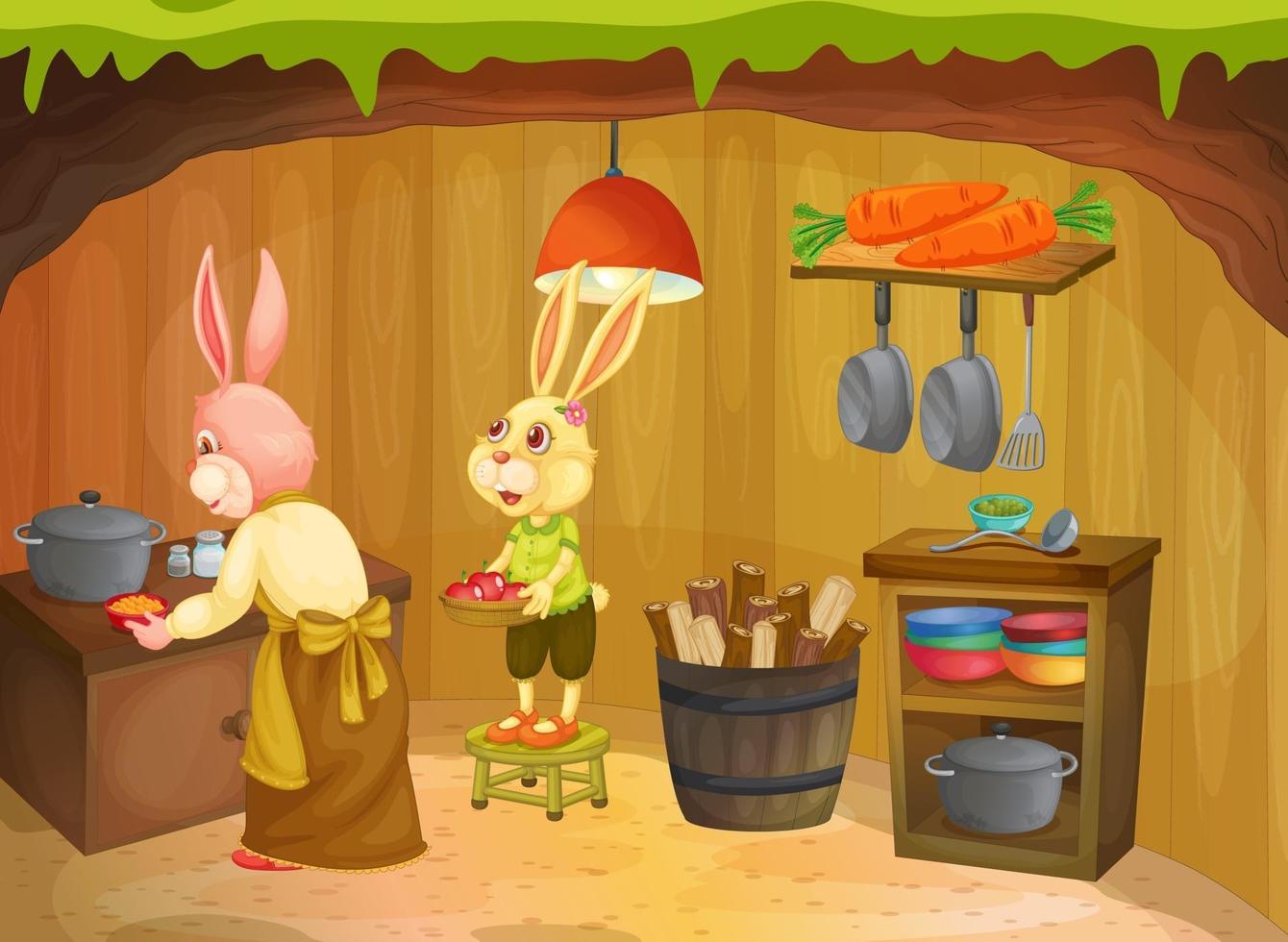 Underground room scene with rabbit family cartoon character vector
