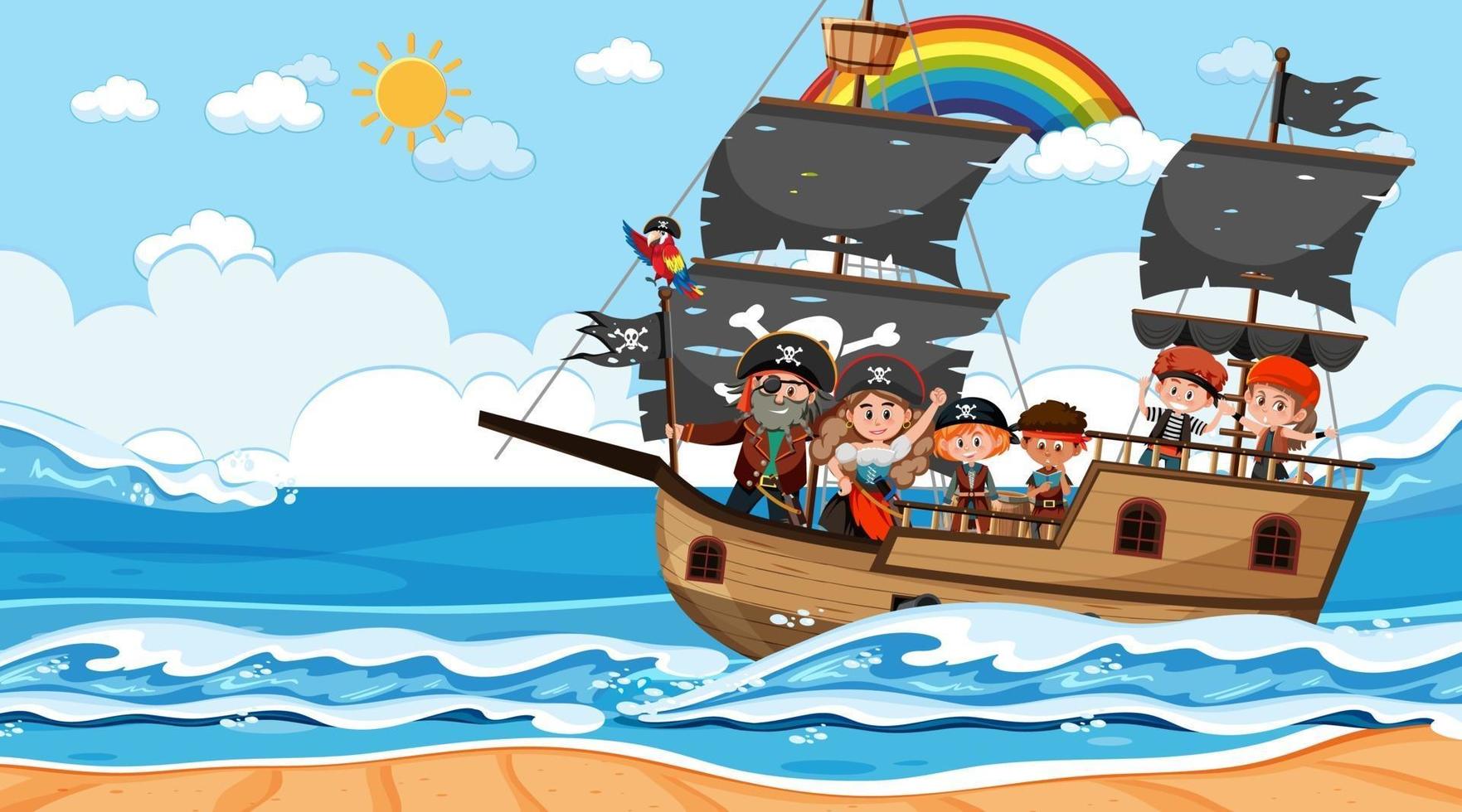 Escena del océano durante el día con niños piratas en el barco. vector