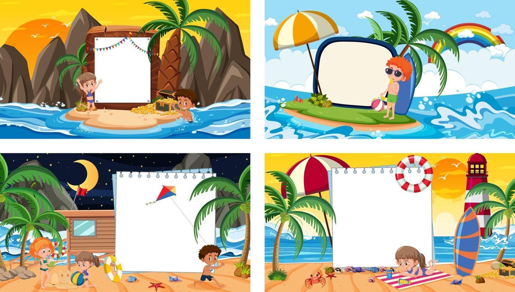 conjunto de diferentes escenas de playa tropical con banner en blanco vector