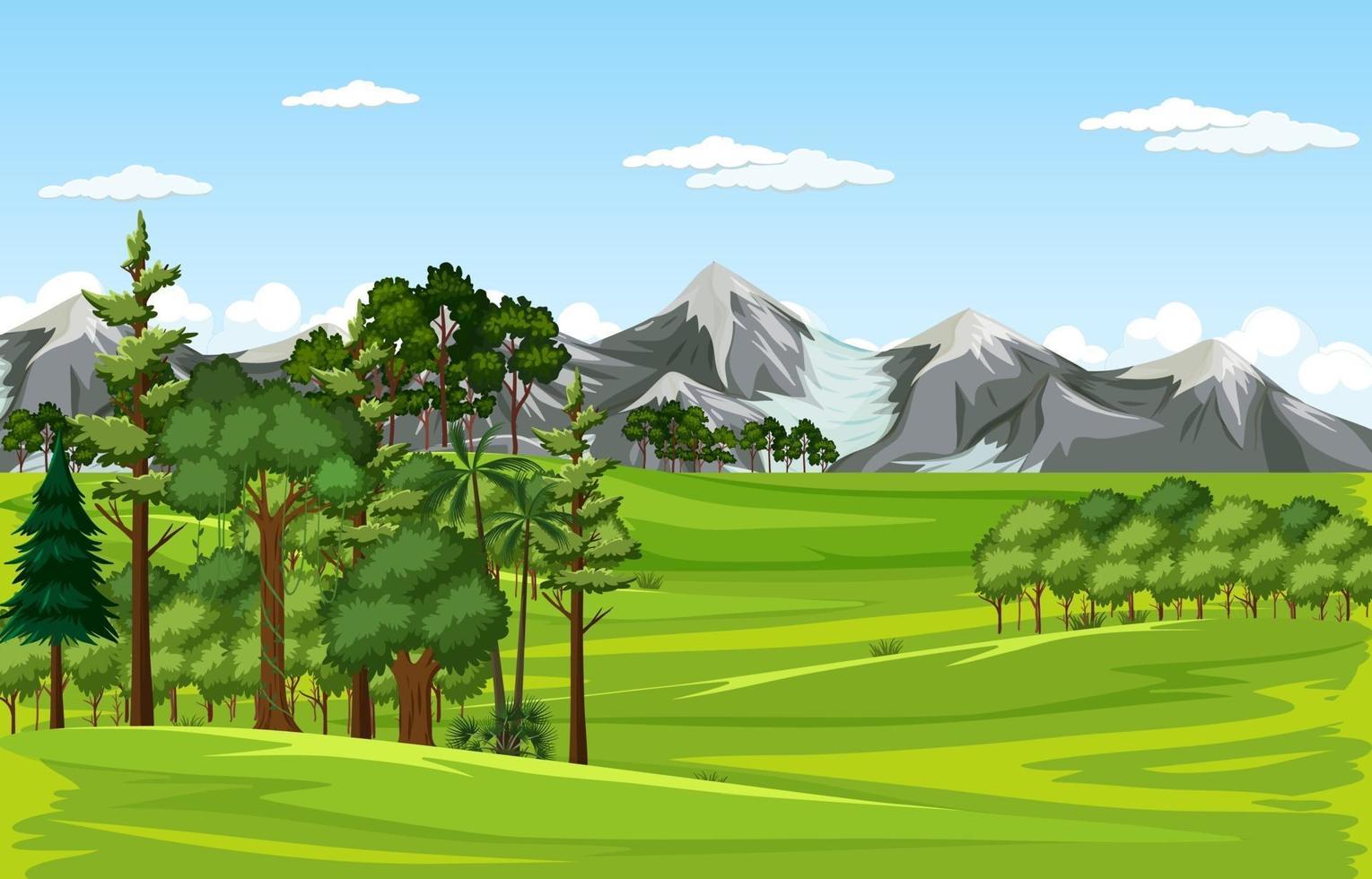 Escena de paisaje de pradera en blanco con muchos árboles y fondo de montaña vector