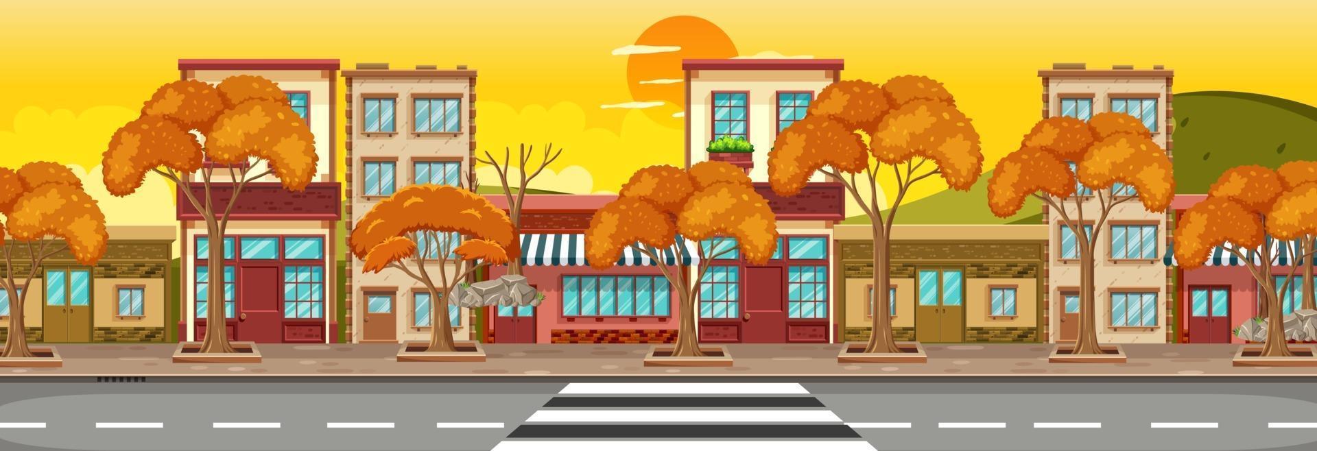 Many store buildings along the street horizontal scene at sunset time vector