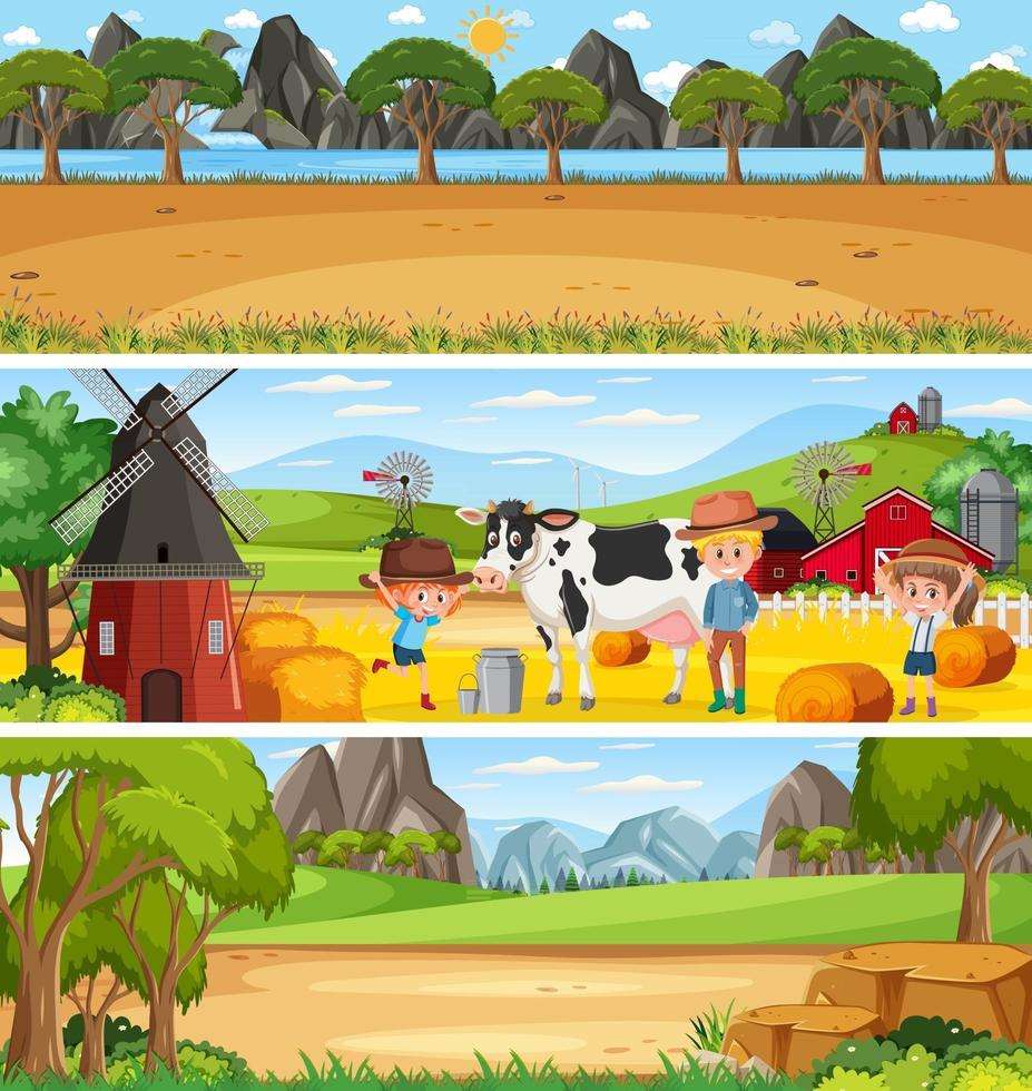 Different nature landscape at daytime scene with cartoon character vector