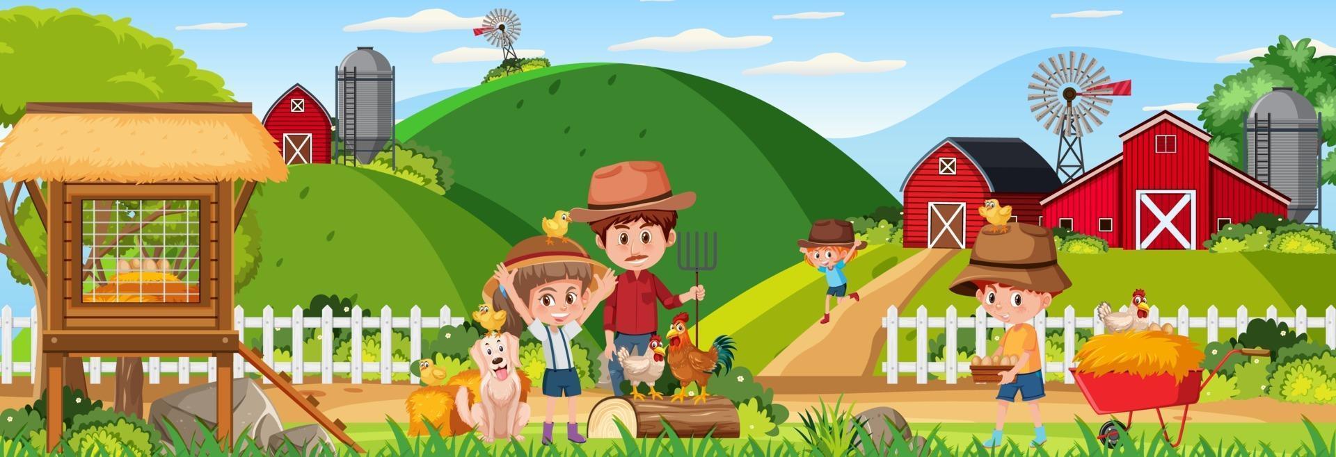 Escena de paisaje horizontal de granja con personaje de dibujos animados de niños vector