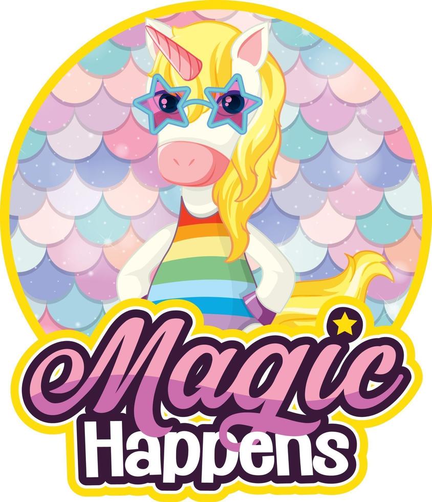 Unicorn cartoon character with Miracles Happen font banner vector