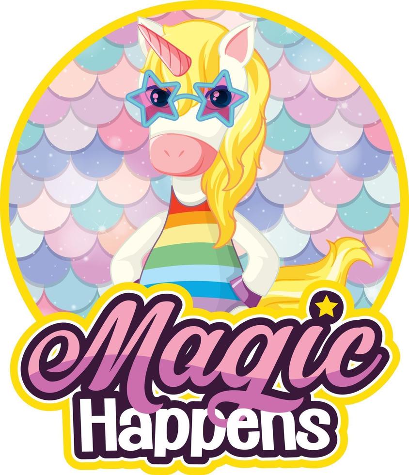 Unicorn cartoon character with Miracles Happen font banner vector