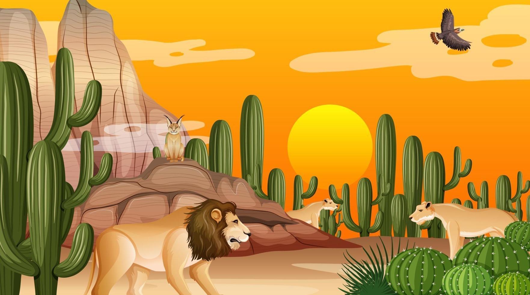 paisaje de bosque desértico en la escena del atardecer con animales salvajes vector