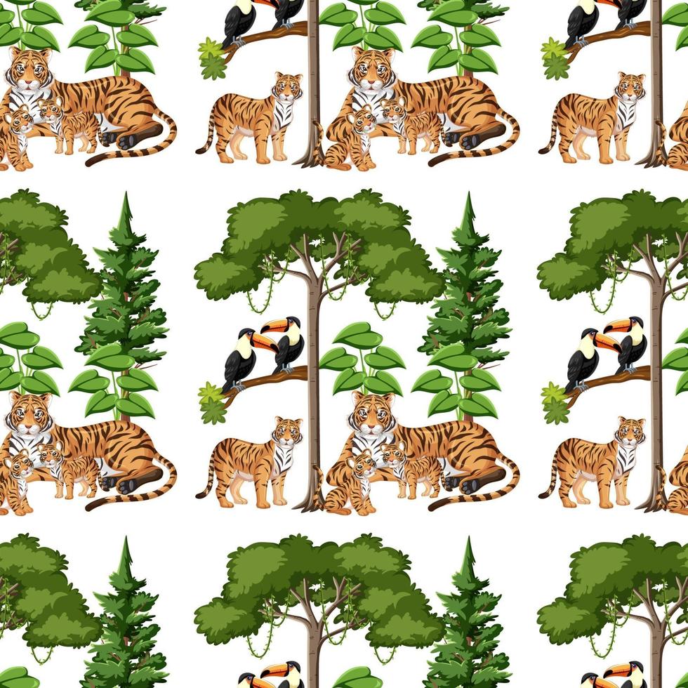 Seamless pattern with tiger family and nature element on white background vector