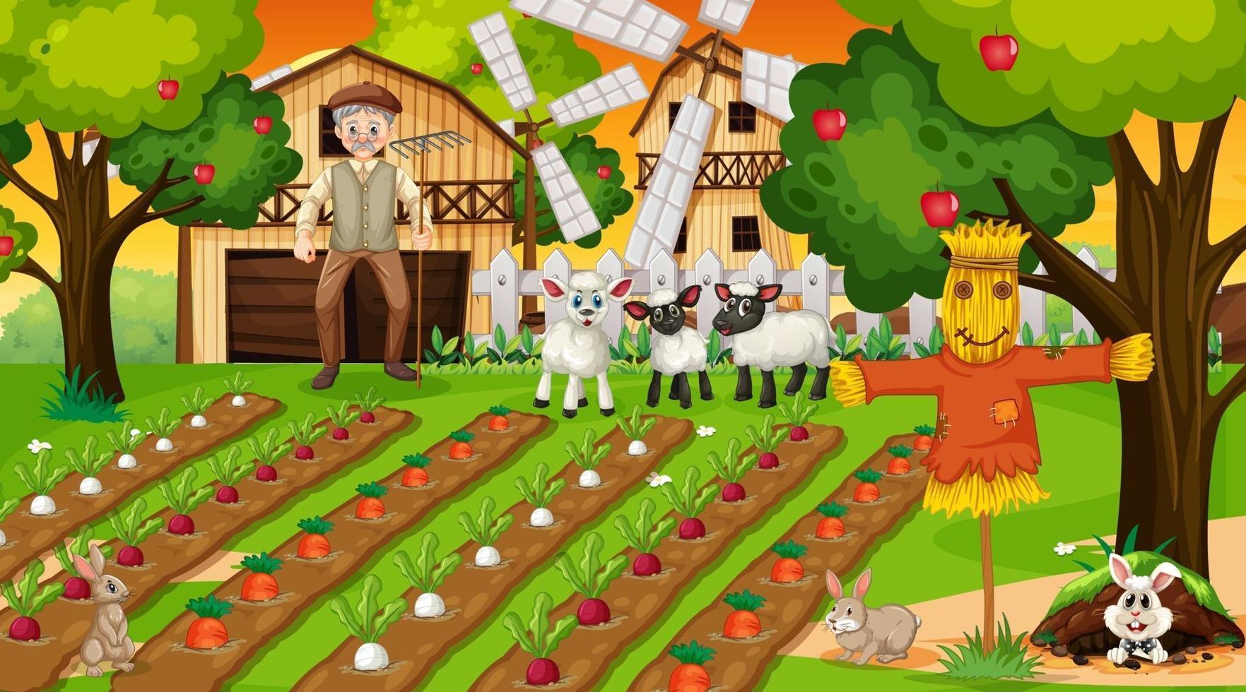 Farm scene at sunset with old farmer man and cute animals vector