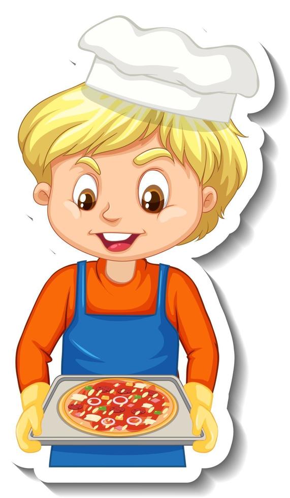 Diseño de etiqueta con niño chef sosteniendo bandeja de pizza vector