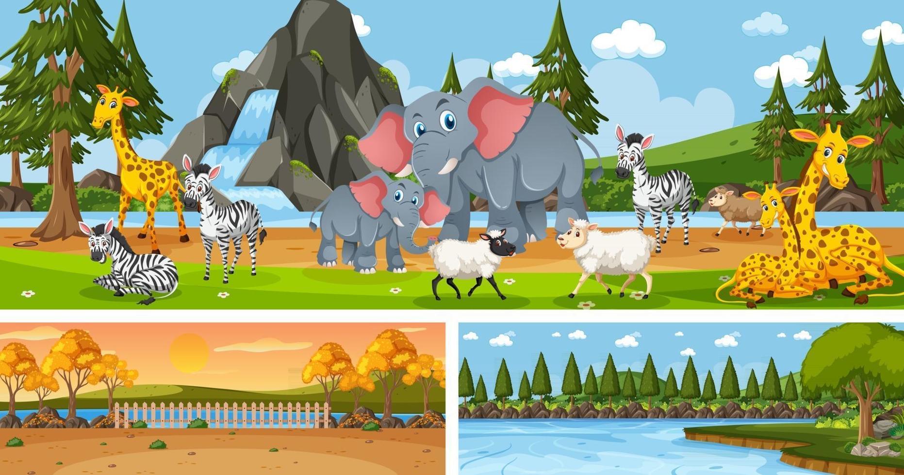 Set of outdoor panoramic landscape with cartoon character vector